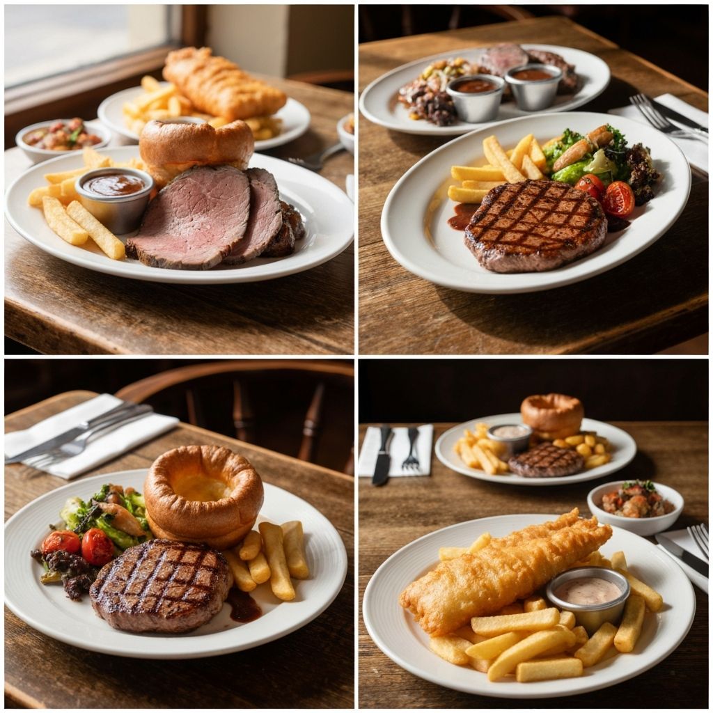Collage of various traditional British pub dishes