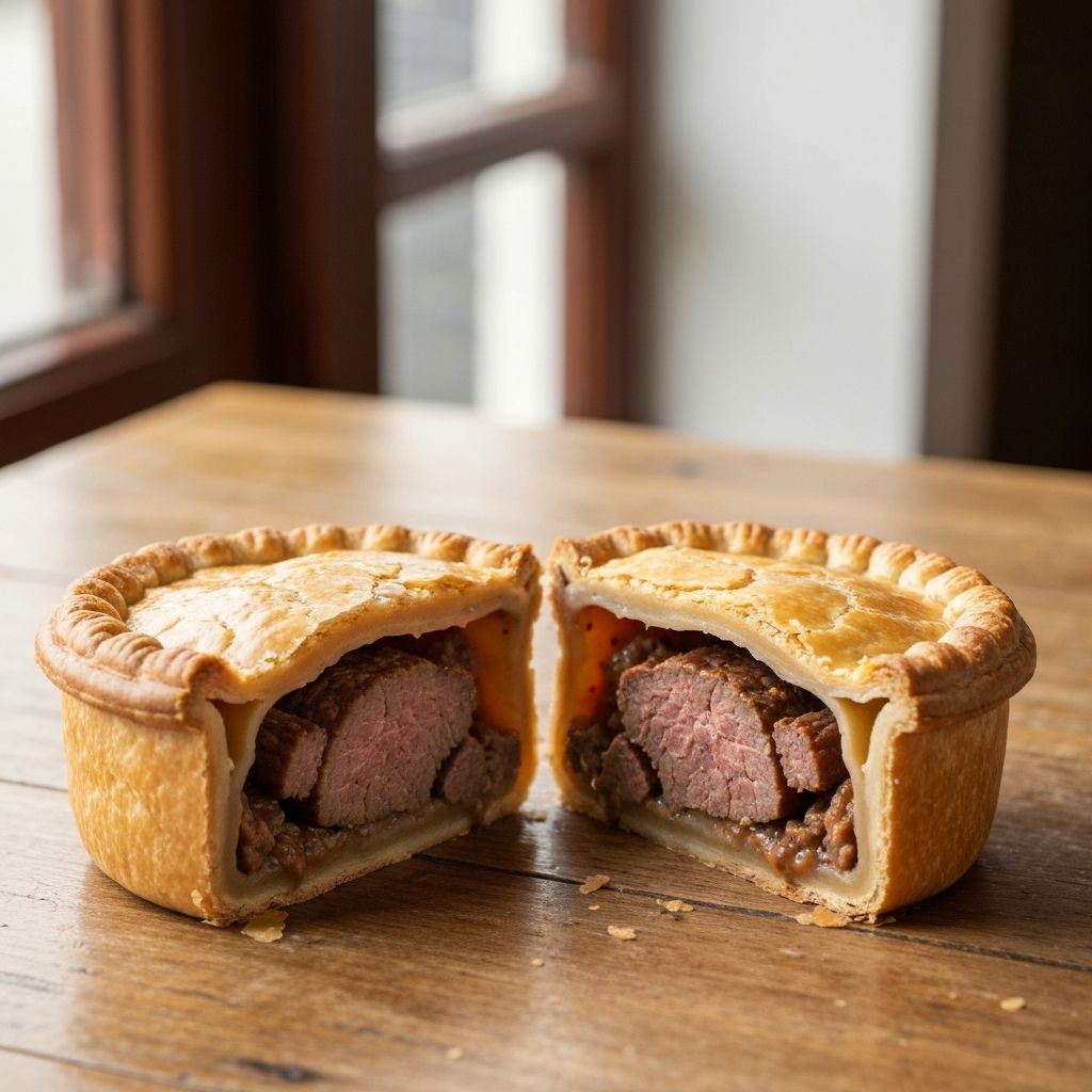 Traditional British meat pie with pastry crust on wooden table