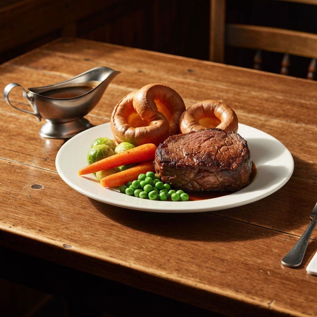 Sunday roast plated beautifully with roasted meat and Yorkshire pudding