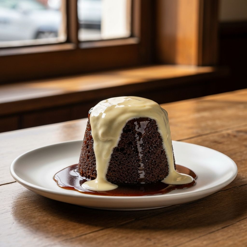 Sticky toffee pudding with custard and sauce on wooden table