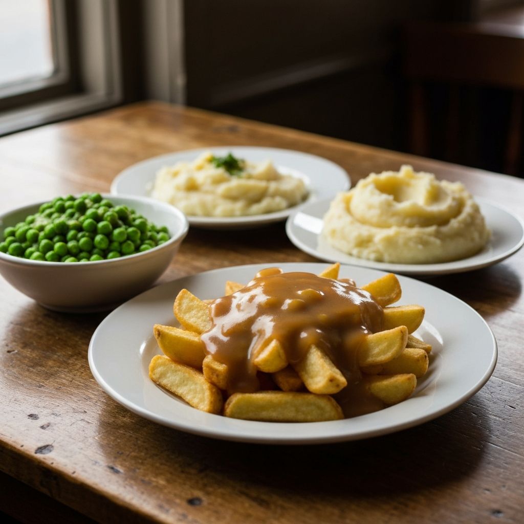 British pub side dishes including chips, mash, and peas